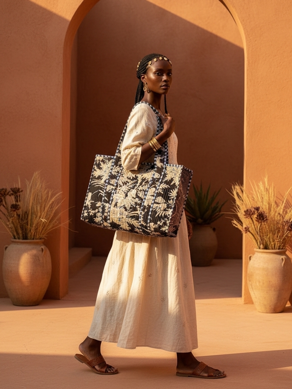 Handmde Cotton Floral Tote Bag in Black and Cream